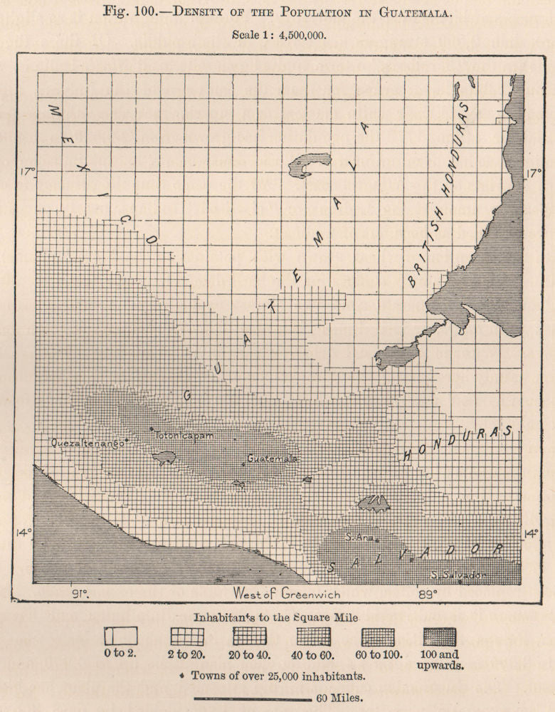 Density of the population in Guatemala. Central America 1885 old antique map